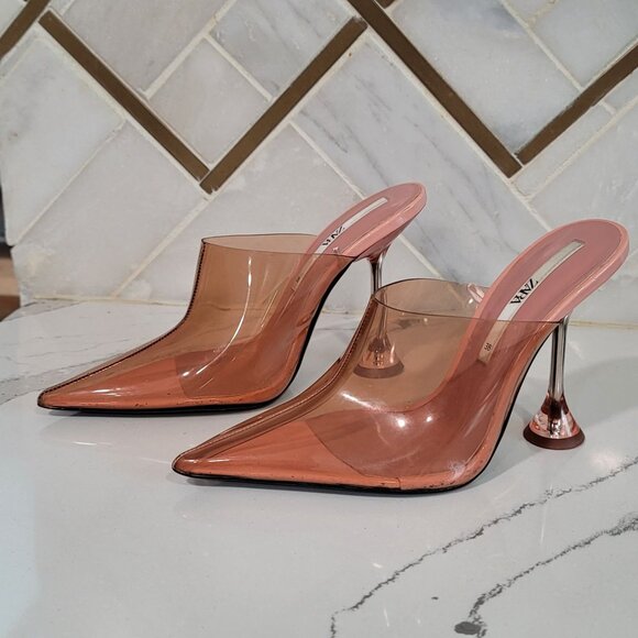 ZARA Vinyl heeled mules pointed toes transparent heels rose color Size 38 US 7.5 - Picture 15 of 15
